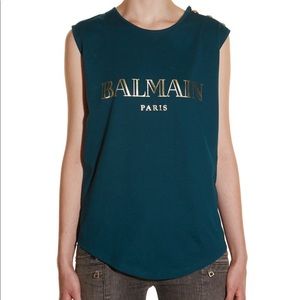 Balmain teal and gold no sleeve t-shirt